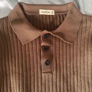 Autumn Brown Ribbed Polo Sweater